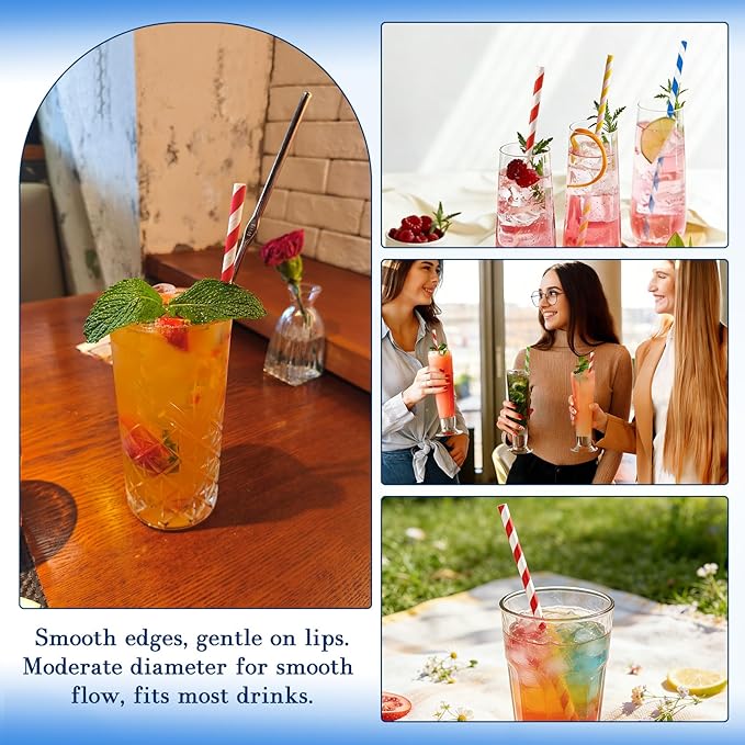 100PCS Biodegradable Paper Straws Bulk, Assorted Rainbow Colors Striped Drinking Straws for Juice, shakes, Cocktail, Coffee,Soda, Milkshakes, Smoothies,Celebration Parties and Arts Crafts Projects