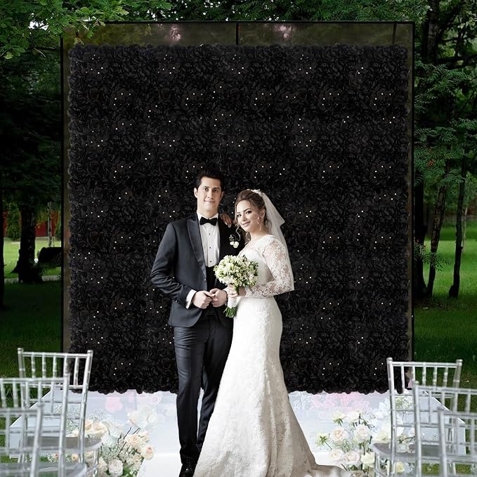3D Flower Wall Backdrop - 12Pcs 15×15 Inch Artificial Rose Panels Black Silk Floral Decor for Home Party Wedding Anniversary Birthday Photographic Studio Background & Decorative Fences