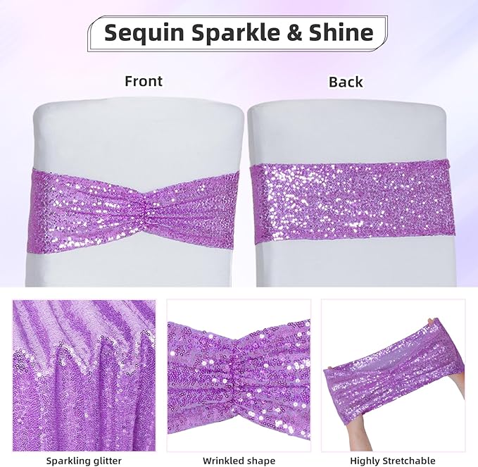 Poise3EHome Lavender Sequin Chair Sashes,Folding Chair Cover Bands for Wedding Party Ceremony Banquet Decorations, 20 PCS