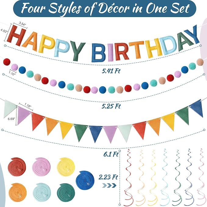 Kriyokiaa Pre-Strung Felt Happy Birthday Banner Retro Boho Rainbow Happy Birthday Party Decorations with Pom Pom Garland, Flag and Hanging Swrils for Women Men Boys Girls Party Decor