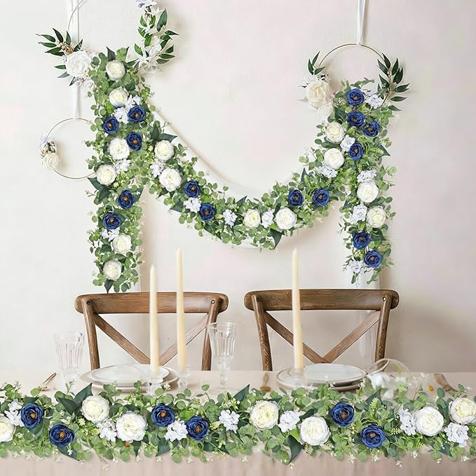 Betylifoy 2 Pack 12Ft Blue White Flower Garland Artificial Eucalyptus Flower Garlands Fake Peony Rose Floral Vines Silk Hydrangea Hanging Vine Greenery Garland for Wedding Party Table Backdrop Decor