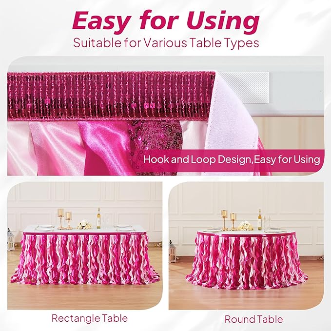 Wish Care 17ft Pink Sequin Table Skirt for Rectangle Tables Glitter Curly Willow Fuchsia Tutu Skirt Ruffle Table Cloth Desk Skirts for Princess Girls Birthday Baby Shower Party Cake Table Decorations