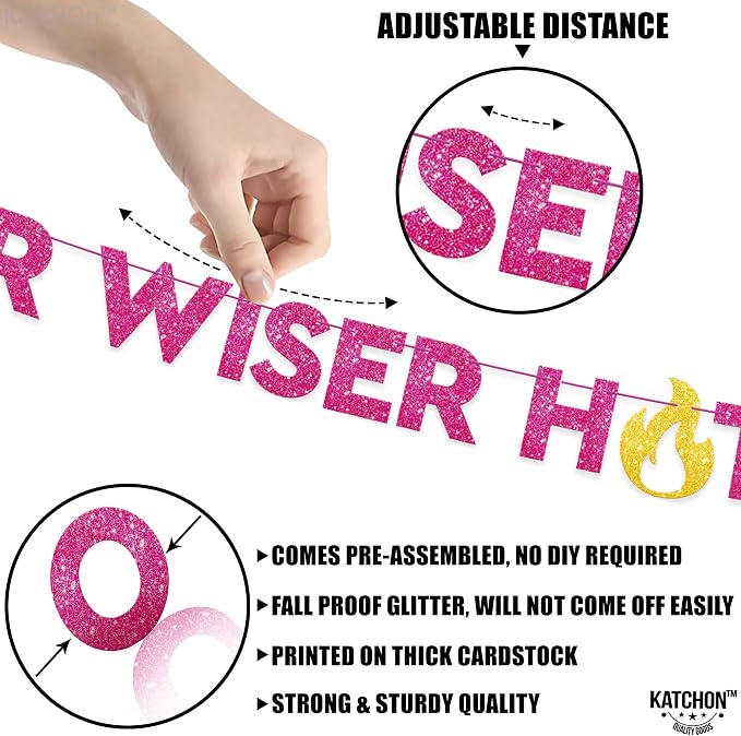 KatchOn, Glitter Older Wiser Hotter Banner - No DIY, 10 Feet | Birthday Decorations for Women | Hbd Banner Backdrop For Pink Party Decorations | Funny Birthday Decorations