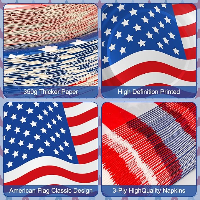 4th of July Plates and Napkins Sets - Patriotic American Flag Party Supplies Tableware, July 4th Disposable Paper Plates Napkins Set for Memorial Day, Independence Day Decorations Table Decor,Serve 50