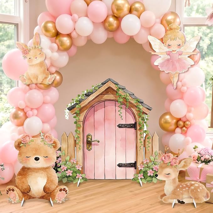 5Pcs Pink Fairy First Birthday Decorations, Large Bunny Bear Deer Fairy House Cardboard Cutout, Woodland Fairy Baby Shower Photo Booth Prop Princess Birthday Party Outdoor Indoor Decor