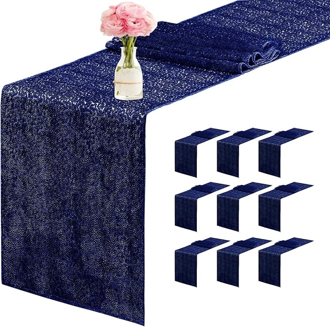 10 Packs 12 x 72 inches Sequin Table Runner, Navy Blue Glitter Table Runner for Birthday Party Supplies Wedding Engagement Baby Shower Holiday Celebration Event Decorations