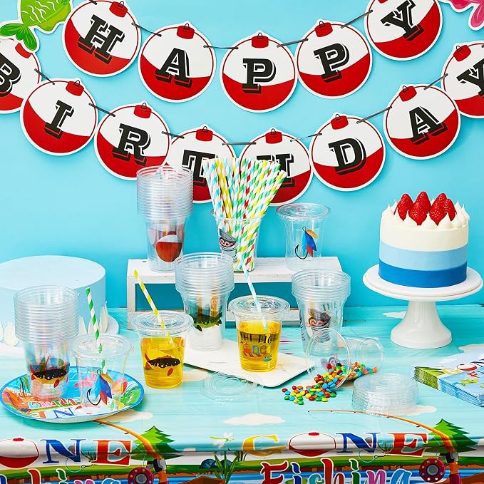 Qinyoung 60 Sets Watercolor Gone Fishing Party Cups with Lids and Paper Straws 14 oz Disposable Clear Plastic Cups Bulk for Gone Fishing Birthday Party Favor Supplies Decorations