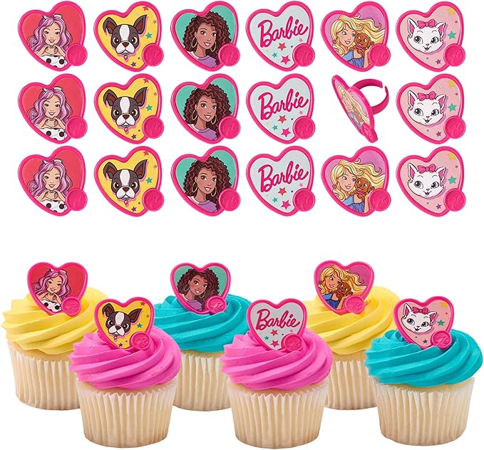DecoPac Barbie Be The Future Rings, Pink Heart Shaped Cupcake Decorations Featuring Barbie and her Friends For Birthday Party And Celebrations - 24 Pack