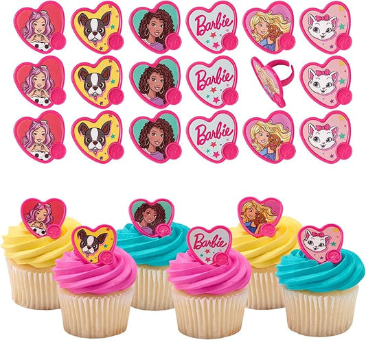 DecoPac Barbie Be The Future Rings, Pink Heart Shaped Cupcake Decorations Featuring Barbie and her Friends For Birthday Party And Celebrations - 24 Pack