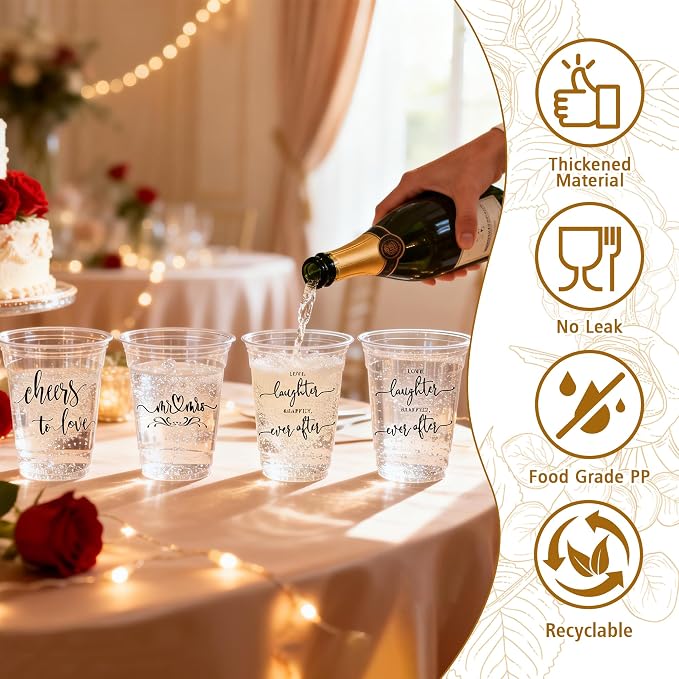 Edussy 200 Pack Disposable Wedding Plastic Cups Decor-4 Pattern 12 oz Mr and Mrs Cups for Wedding Stuff Decorations for Reception Bridal Shower Anniversary Party