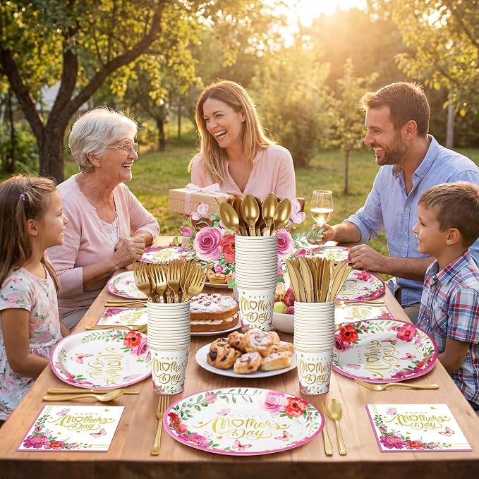 Pajean 350 Pcs Happy Mother's Day Party Decorations with 12 inch Disposable Oval Plates and Napkins Knives Flowers Design Heavy Duty Paper Tableware Set for 50 Guests Mother's Day Party Supplies