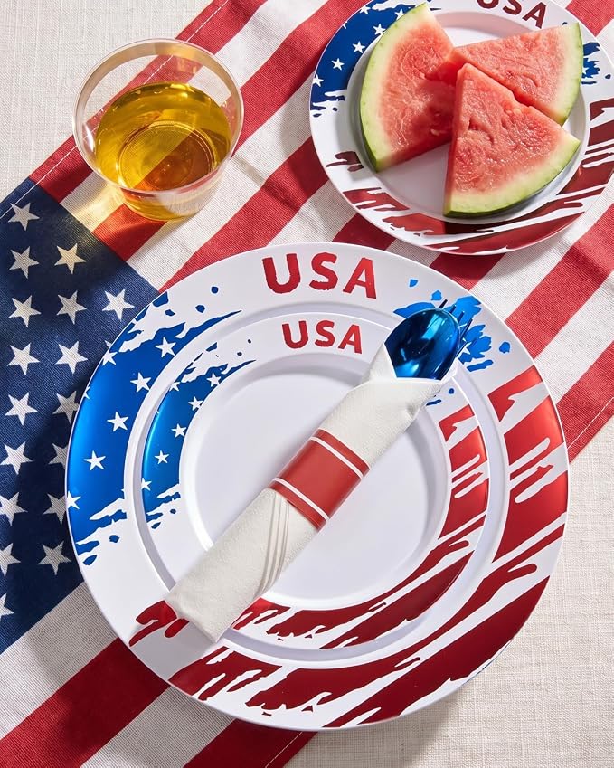 Goodluck 350 Piece 4th of July Red Blue Plastic Dinnerware Set for 50 Guests, Disposable Plates for Independence Day Supplies, Include: 100 Plates, 50 Pre Rolled Napkins with Silverware, 50 Cups