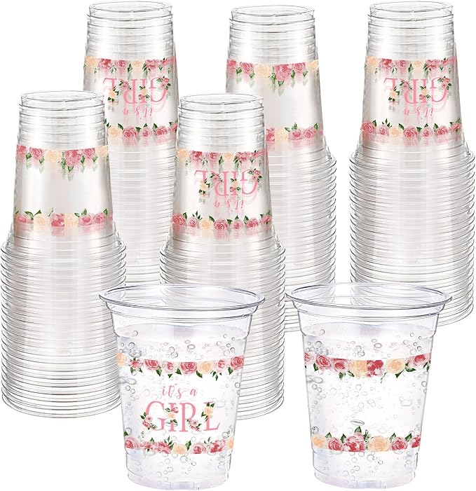 Funnymoom 60 Pack Floral Baby Shower Cups 12 oz It's a Girl Pink Floral Disposable Clear Plastic Drinking Cups for Baby Shower Gender Reveal Birthday Party Decorations Supplies