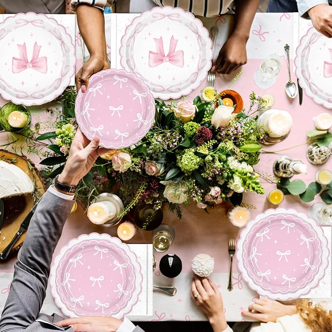161PCs Pink Bow Party Supplies Pink Coquette Plates Napkins Cups Tablecloth Straws Forks Spoons Knives for Birthday Party Bachelorette Decor Bridal Engagement Coquette Party Supplies for 20 guests
