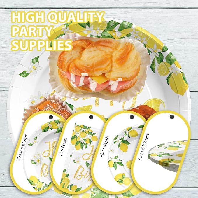 96Pcs Lemon Birthday Decorations Freshly Graduated Party Plates and Napkins Tableware Sets Lemonade Graduation Party Decorations for Summer Lemon Birthday Baby Shower Fruit Theme Supplies Serves 24