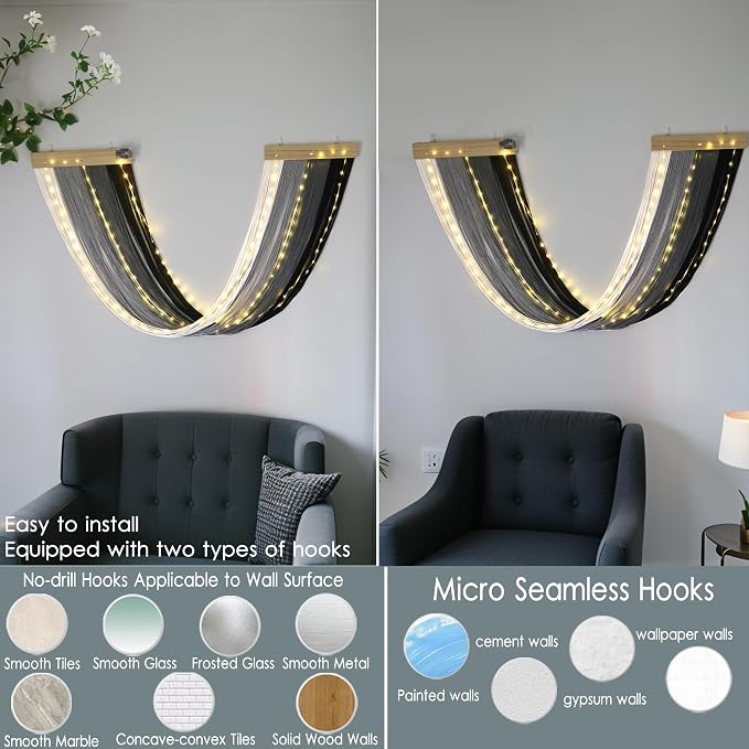 Macrame Fairy Lights Battery Operated with Remote & Timer, Black Grey | Handwoven Wall Hanging with 20ft 100 LEDs Warm White Timer String Lights for Bedroom,Living Room,Party,Wedding,Christmas Deco