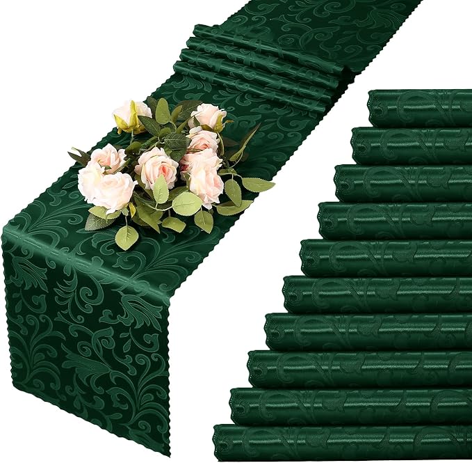 MILVOWOC 12 Pack Emerald Green Satin Table Runner, 12 x 72 Inch Jacquard Damask Table Runner Rectangle Bright Silky Decorative Table Runner for Party Banquet Birthday Dinner Wedding Table Decor