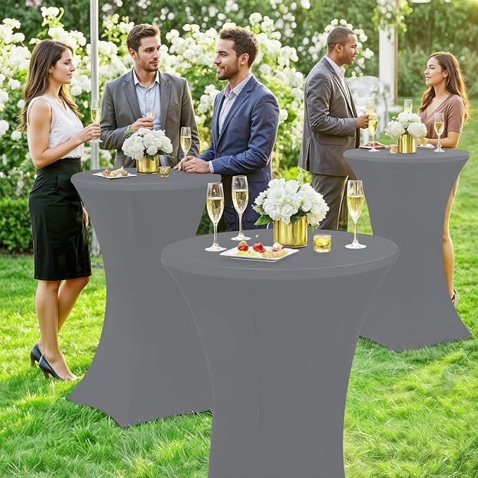 Moosfor Spandex Cocktail Table Covers 4 Pack, Elastic Fitted Stretch Table Cloth, Round High Top Tablecloths for Bar, Party, Pub, Wedding & Banquet (Grey, 32x43 Inch)