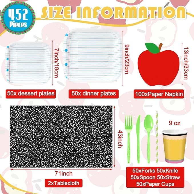 Vesici 452 Pcs Back to School Party Decorations Notebook Notebook Paper Plates Apple Napkins Pencil Cups Disposable Tablecloth Tableware Set for First Day of School Classroom Party Supplies, Serve 50
