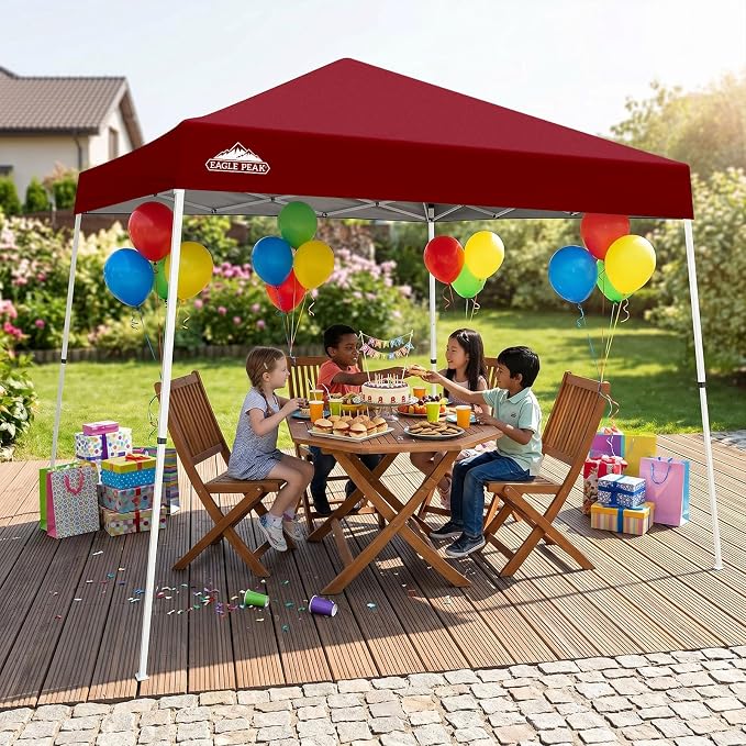 EAGLE PEAK 10x10 Slant Leg Pop-up Canopy Tent Easy One Person Setup Instant Outdoor Beach Canopy Folding Portable Sports Shelter 10x10 Base 8x8 Top (Burgundy)