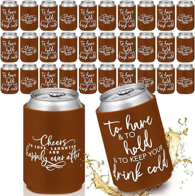Qinyoung 50 Pieces Chocolate Wedding Can Cooler Sleeves Bulk Engagement Party Favors for Guests Cheers to Love Laughter and Happily Ever After Rehearsal Dinner Decorations for Wedding Bridal
