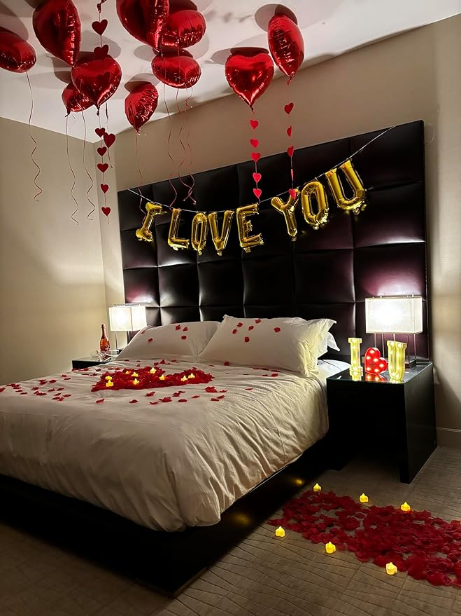Romantic Decorations Valentines Day, Anniversary, Bedroom Special Night Décor - 3000 Rose Petals, LED & Balloon "I Love You" 36 Heart Candles, 2 Artificial Roses, 144 Red Heart Strings, Heart Balloons