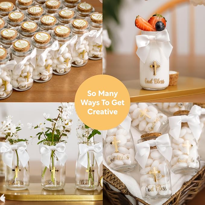 Ethisa Vintage 12 Pack Baptism Glass Bottles with Ribbons and Stickers - Classy God Bless Party Favors for Baptism and 1st Communion - Bautizo Table Centerpiece Decoration - Baby Christening Candy Jar