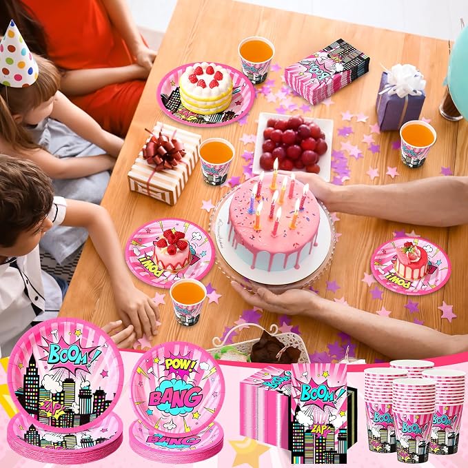 Funnymoom 250 Pcs Girl Hero Birthday Decoration Pink Comic Girl Hero Paper Plates Napkins and Cups Power Halloween Theme Party Tableware for Birthday Baby Shower Party Supplies, Serves 50