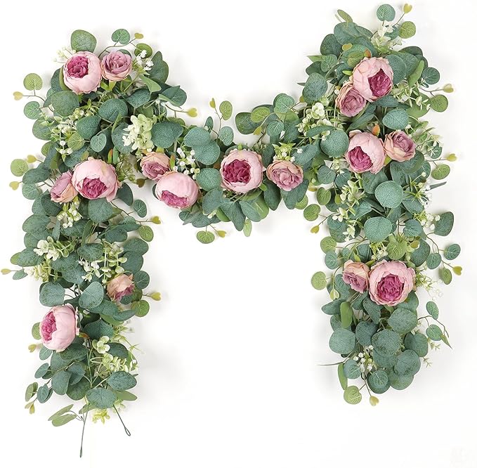 SOMYTING 2 Pack 13FT Flower Garland, Artificial Rose Vine Fake Flower Garland Silk Rose Peony Vines Faux Valentine Floral Garlands for Wedding Party Arch Table Backdrop Wall Decoration (Vintage Pink)