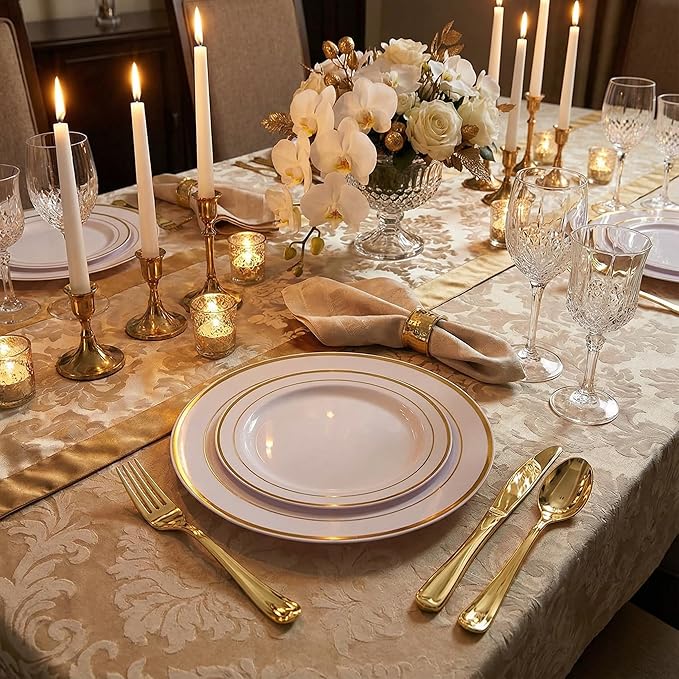 Supernal 102pcs White and Gold Plastic Plates,Disaposable Plates Heavy duty,Fancy Gold Plastic Dinnerware Set included 51 Dinner & Dessert Plates for Valentine's Day Mother's Day and Easter