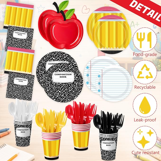 Ceenna 390 Pcs Back to School Party Supplies for 48, Red Apple Plates Napkins Cups Tablecloth Cutlery Composition Notebook Disposable Tableware Set for First Day of School Decoration