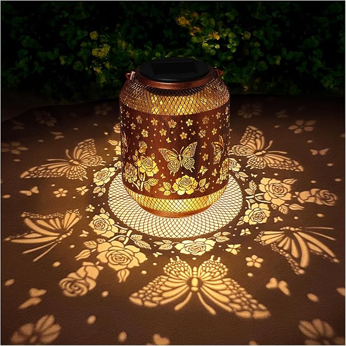 2 Pack Butterfly Solar Lanterns Outdoor Waterproof Rose Garden Decor Gifts for Mom Women Grandma Metal Hanging Solar Lights Outdoor Decoration for Patio,Yard,Porch,Backyard