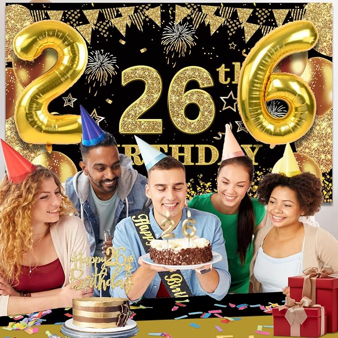 26th Birthday Decorations Men Women with 26th Birthday Banner, Black and Gold Table Cloth, Number Balloons, Large Sash, Cake Topper and Candles