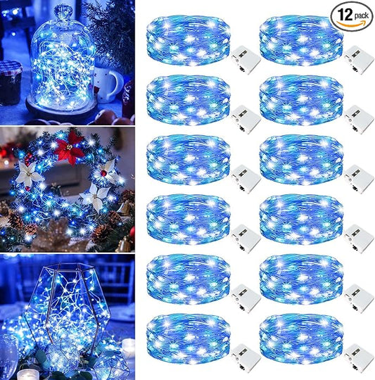 12 Pack Fairy Lights Battery Operated - 7ft 20 Led Twinkle Lights 3 Modes, Bulk Mini String Lights Waterproof for Mason Jars Vases DIY Party Wedding Decoration Christmas -Blue and White