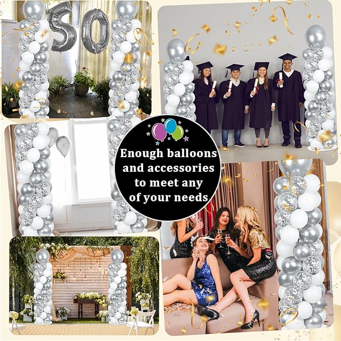 2 Sets Silver and White Balloon Column Stand Kit with 100 Balloons Silver Balloon Tower Stand with Bases for Floor Confetti Balloons Column Kit for Wedding Graduation Birthday Disco Prom Party Decor