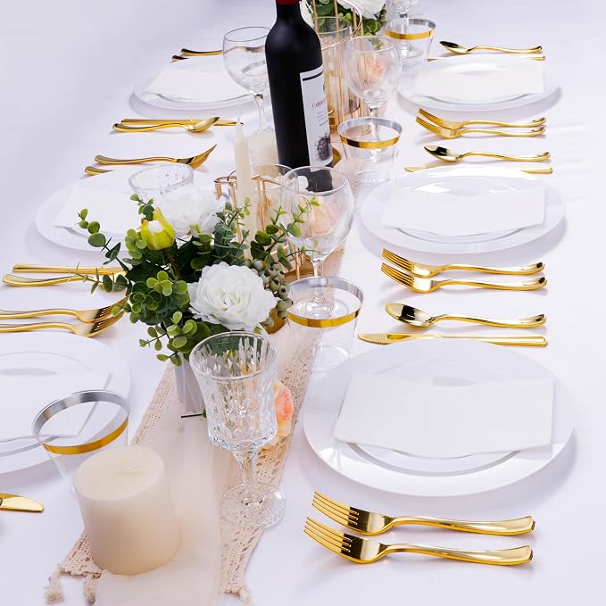 Bestluck 100PCS White Plastic Plates, White Disposable Plates for 50 Guests, 50 Dinner Plates 10.25 inch and 50 Dessert/Salad Plates 7.5 inch for Party, Graduation, Wedding