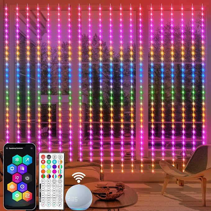 echosari Smart 600 LED Curtain Lights, 20Ft x 10Ft, Compatible with Alexa, App Control, DIY Fairy Lights, Dynamic for Backyard, Home, Wedding, Party Decor - RGB Color Changing IC