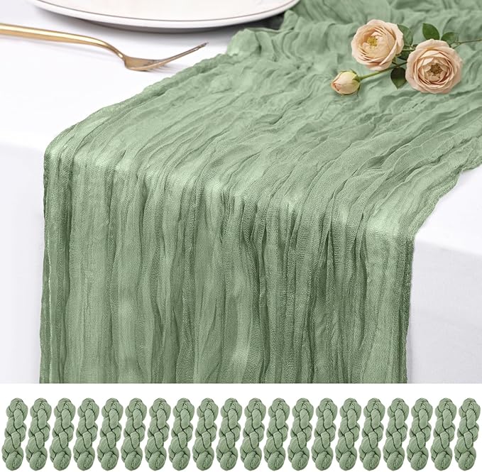 20 Pack Sage Green Cheesecloth Table Runner 17x108 Inch Semi Sheer Boho Rustic Gauze Cheese Cloth Table Runners for Wedding Party Birthday Baby Shower Home Décor