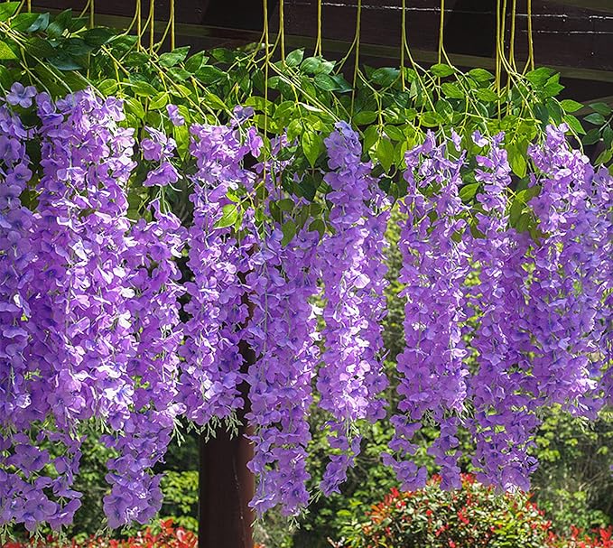 Artificial Wisteria Hanging Flowers Fake Wisteria Flower Garland Silk Vines Rattan Decor for Home Wedding Arch Wall Garden Greenery Bedroom Outdoor Office Party Decoration (24, Purple)