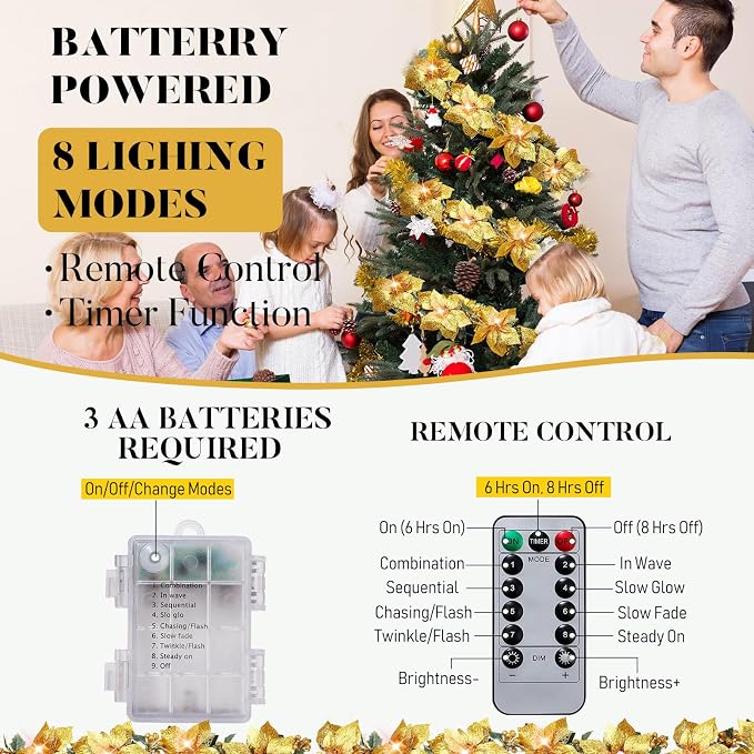 Zubebe 2 Pcs Prelit Poinsettia Christmas Garland with String Lights Glitter Holly Leaves Berries Remote Timer 8 Modes 6.5 ft Lighted Flower Garland Battery Operated Indoor Outdoor Decor(Gold)