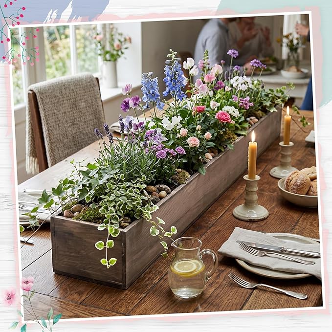 Dandat 1 Set Wood Boxes for Centerpieces 34x5 Inch Rectangle Wooden Planter Box Rustic Wooden Planters with Removable Plastic Liner Floral Foam Blocks for Christmas Wedding Home Garden Decor(Brown)