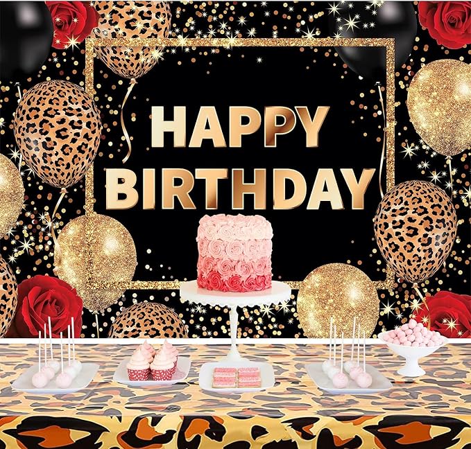 Leopard Print Happy Birthday Backdrop 5Wx3H Feet Polyester Fabric Black Gold Red Cheetah Print Banner for Woman Girls Decoration Balloon Rose Cool Photography Background Photo Shoot Props