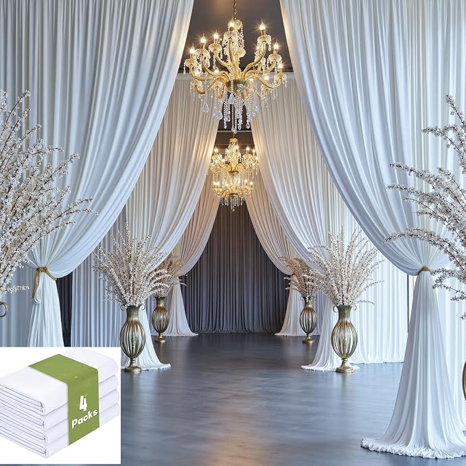 20ft×15ft White Backdrop Curtain for Parties, Wrinkle Free Polyester 4 Panels 15 ft Long Photo Backdrop Drapes Back Drop Cloth Drapery for Wedding Birthday Photography Background Curtain