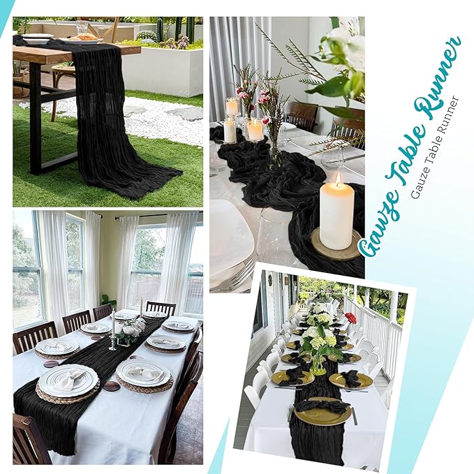 8 Pack Black Cheesecloth Table Runners 20x120 Inch Gauze Table Runner Cheese Cloth 10FT Black Table Runner Rustic Sheer Runner for Wedding Baby Shower Birthday Party Table Decor
