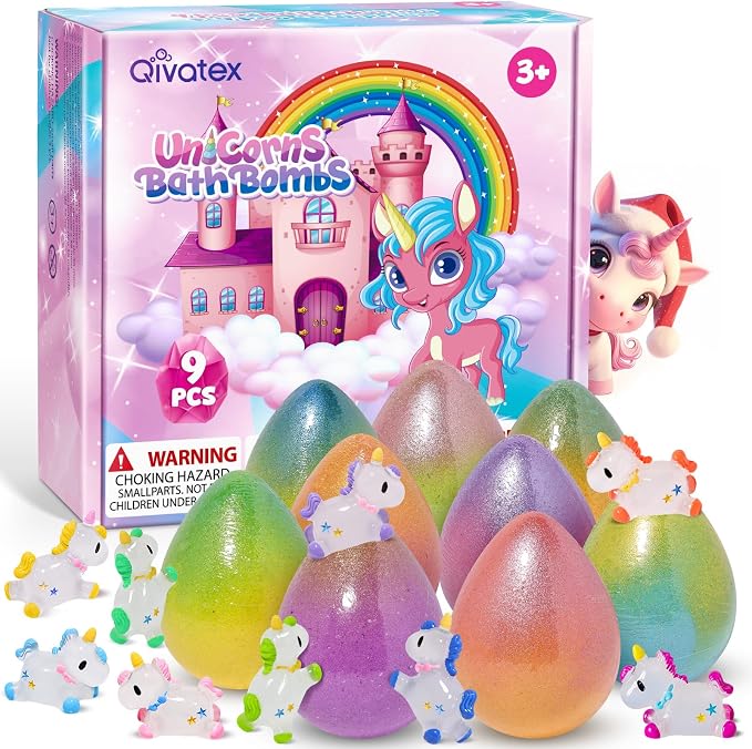 Qivatex Unicorn Bath Bombs for Girls with Toys Inside, Natural Organic | Bath Bombs Bubble Bath Toys Gift, Birthday Gifts for Girls Daughter Granddaughter, Christmas White Elephant Gifts
