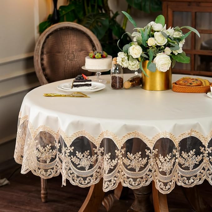 ARTABLE Lace Tablecloth Rectangle Waterproof Table Cover with Exquisite Macrame Border for Wedding Kitchen Holidays Party Decor (Beige, 60 Inch Round)