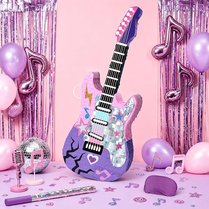 WERNNSAI 28" Guitar Piñata for Kpop Birthday Decorations, Party Game | Kpop Party Favors, Girl Birthday Decorations, Music Party Favors, Piñata with Stick and Blindfold