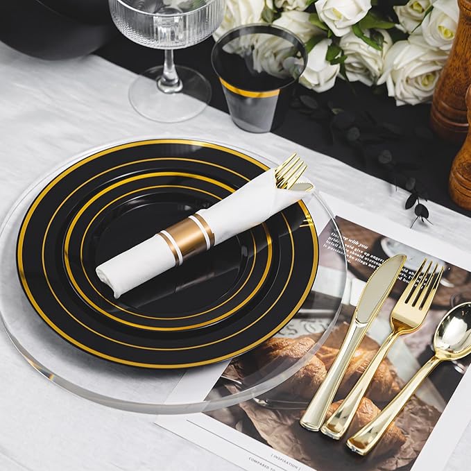 N9R 350 PCS Black Plastic Dinnerware Set for 50 Guests, Gold Plastic Plates, Disposable Plate for Party, Include: 50 Dinner & Dessert Plates, 50 Pre Rolled Napkins with Silverware and 50 Cups
