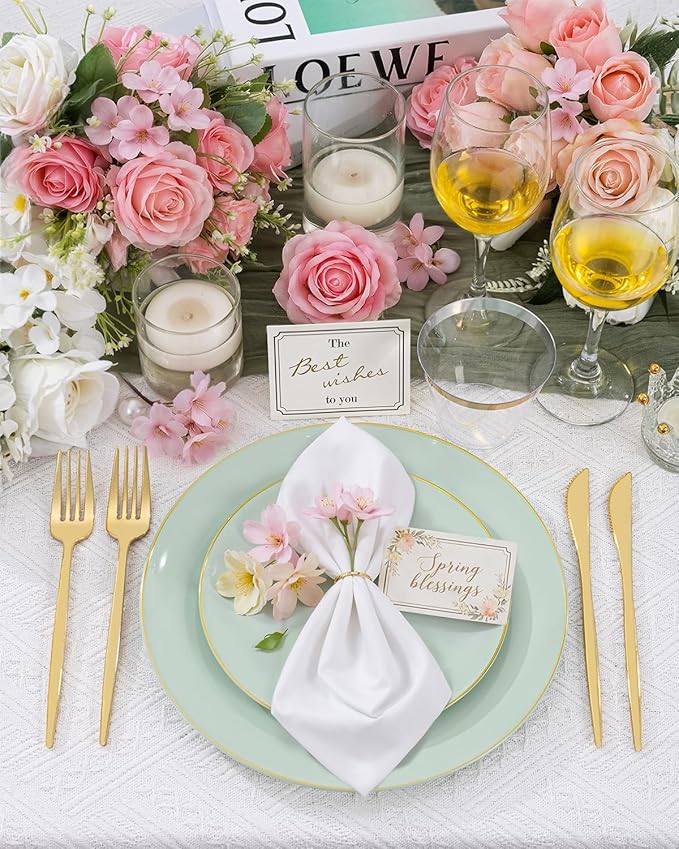 bUCLA 150PCS Green Plastic Plates - Sage Green with Gold Rim Disposable - Include 25 (Dinner & Dessert) Plates, 25 Knives, 25 Forks, 25 Spoons and 25 Cups for Party, Birthday & Spring