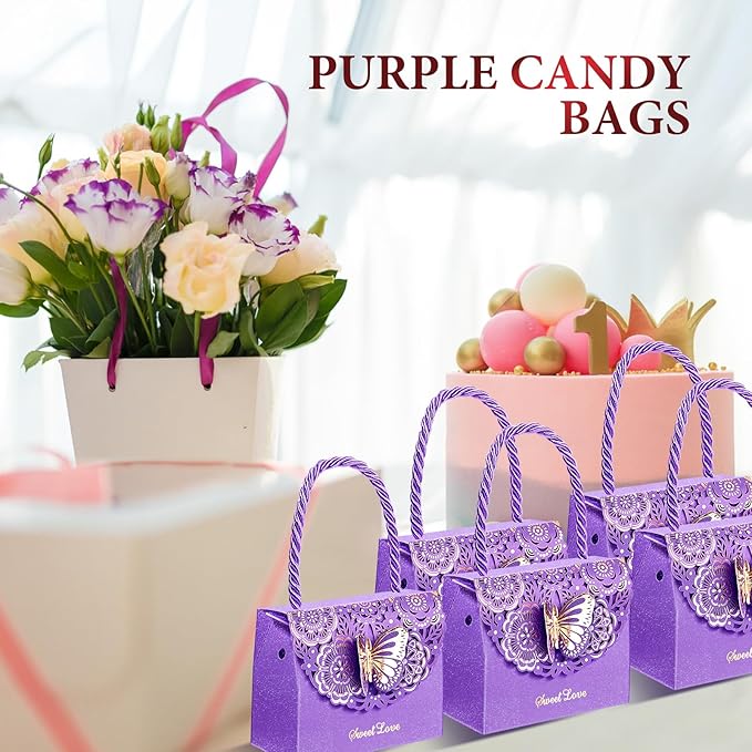 Outus 50 Pcs Butterflies Purse Party Favor Bags Favor Boxes Butterfly Goodie Bags Candy Party Treat Boxes for Wedding, Birthday, Bridal Shower Gift Supplies(Purple)